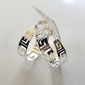 Silver Hoop Earrings Grek Key Design